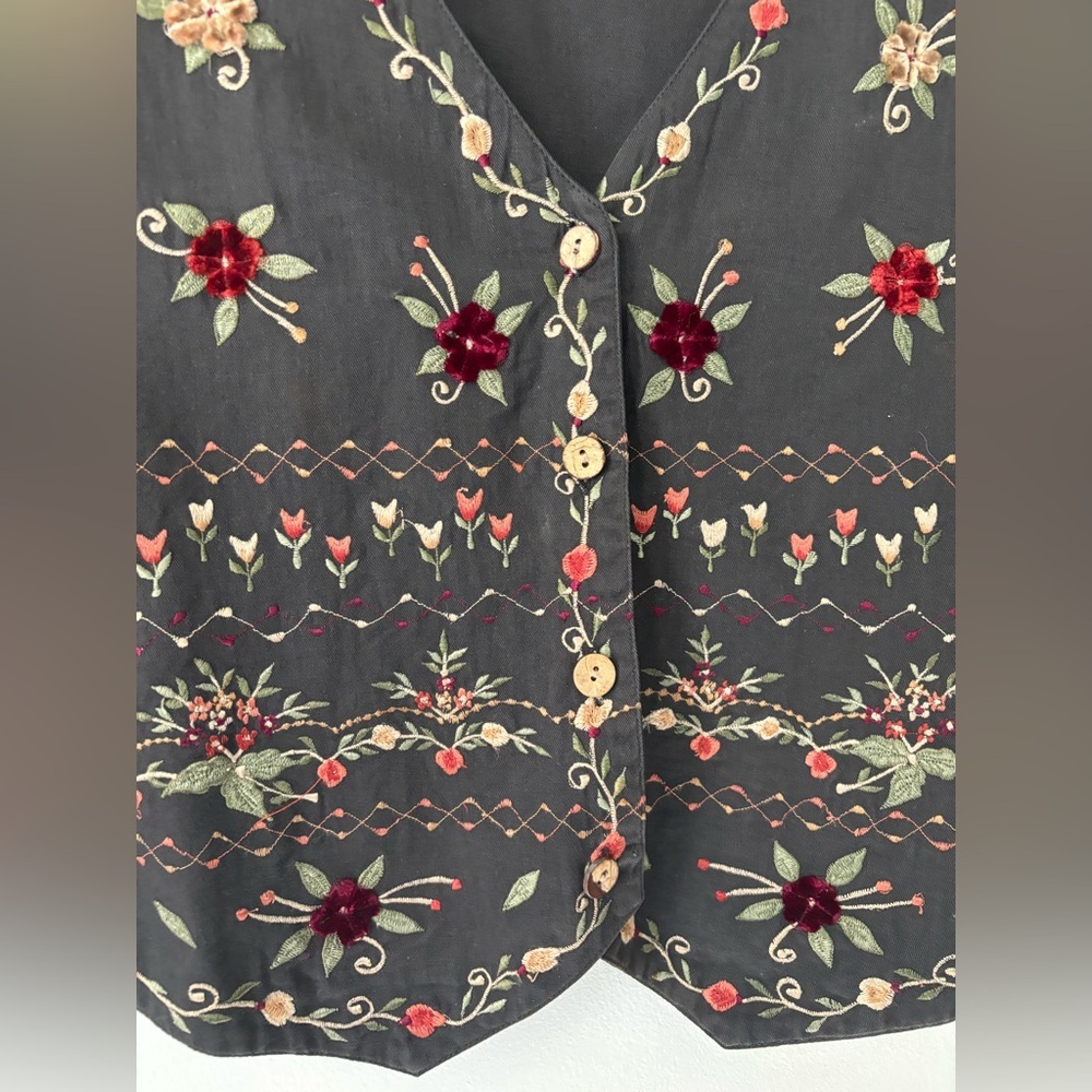 Vintage Cottagecore Grey Black Fairycore Velvet Floral Embroidered Vest - Large - Picture 3 of 7